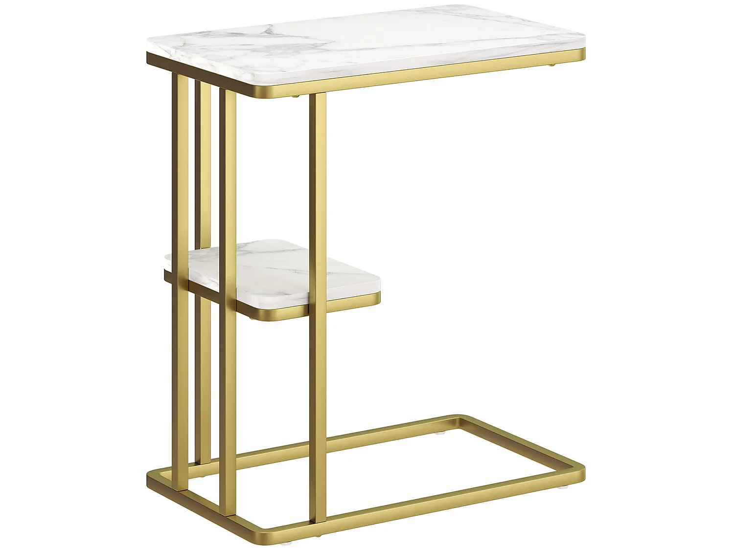 Neso Slim C Shaped Side Table White Marble Grain Top Gold Tone Frame 2 Tier Storage
