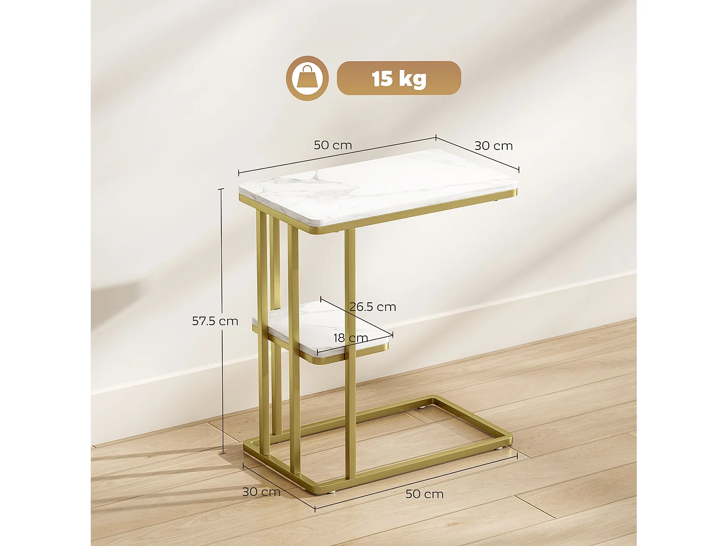 Neso Slim C Shaped Side Table White Marble Grain Top Gold Tone Frame 2 Tier Storage