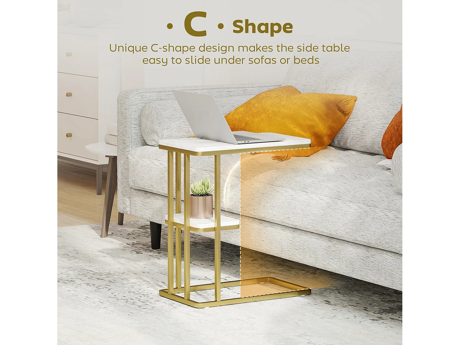 Neso Slim C Shaped Side Table White Marble Grain Top Gold Tone Frame 2 Tier Storage