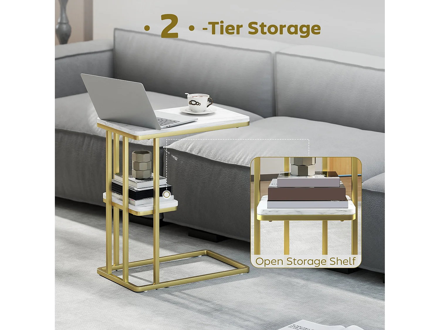 Neso Slim C Shaped Side Table White Marble Grain Top Gold Tone Frame 2 Tier Storage