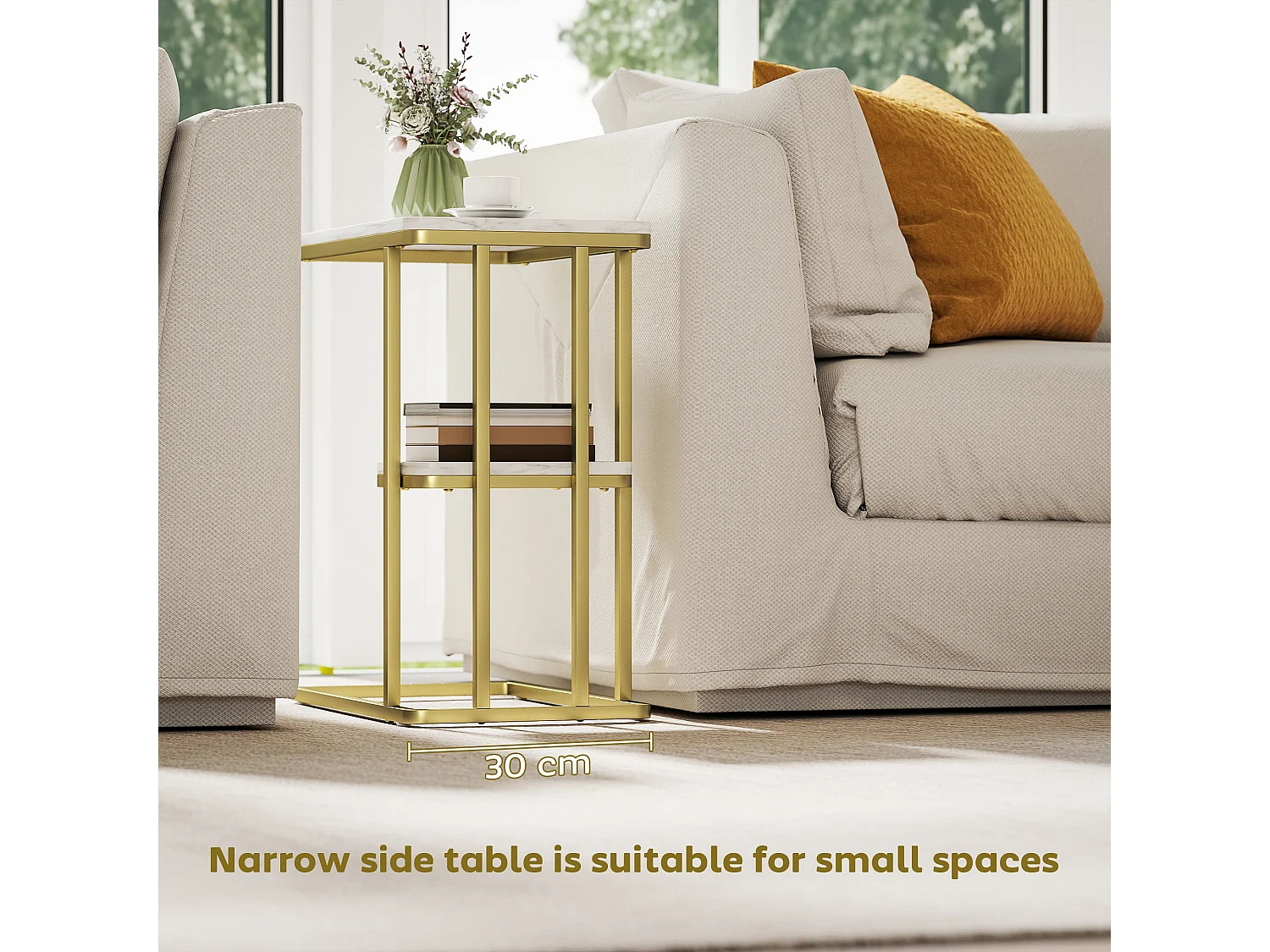 Neso Slim C Shaped Side Table White Marble Grain Top Gold Tone Frame 2 Tier Storage