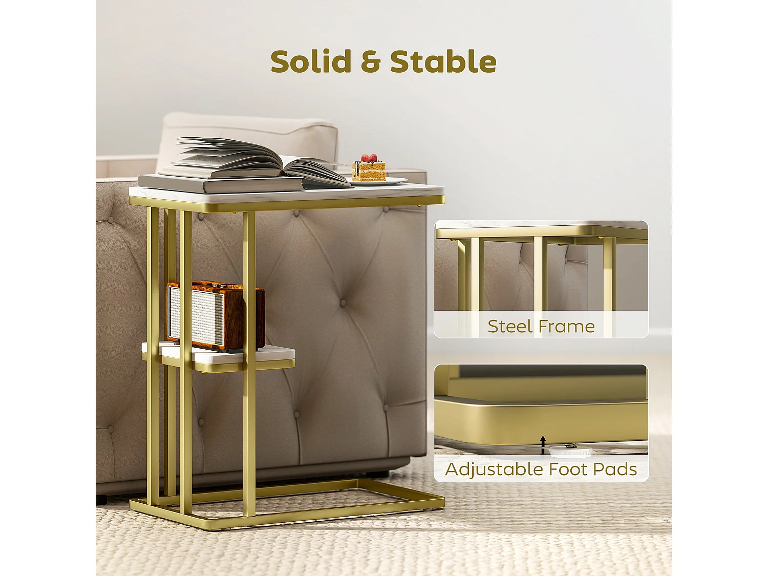 Neso Slim C Shaped Side Table White Marble Grain Top Gold Tone Frame 2 Tier Storage