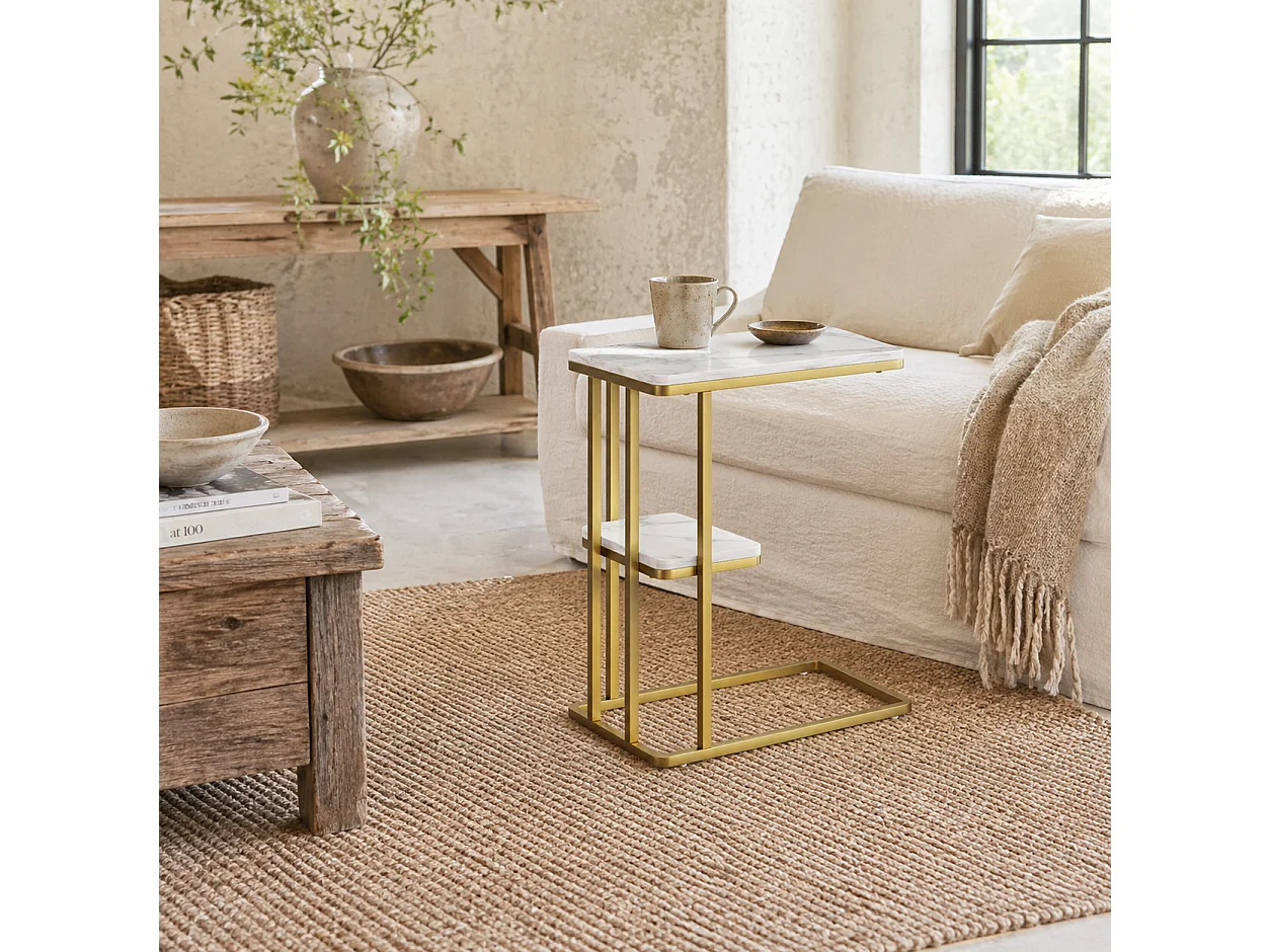 Neso Slim C Shaped Side Table White Marble Grain Top Gold Tone Frame 2 Tier Storage