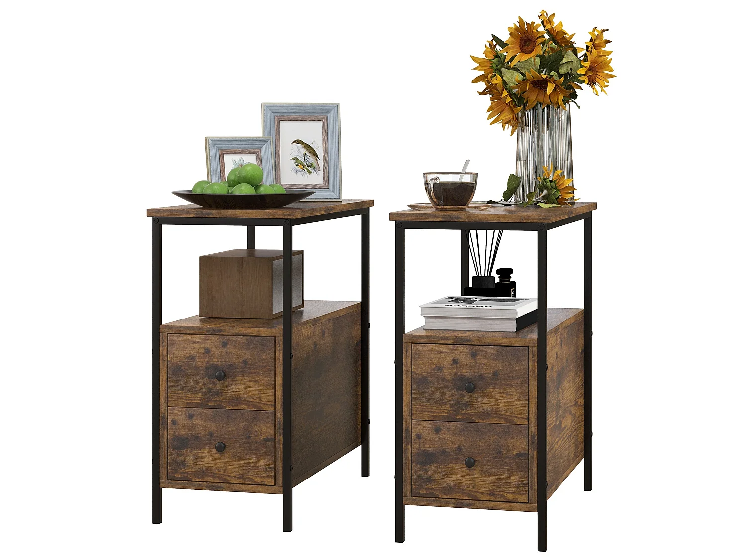 Mirayo Set of 2 Narrow Industrial Side Tables 2 Drawers and Shelf Rustic Brown