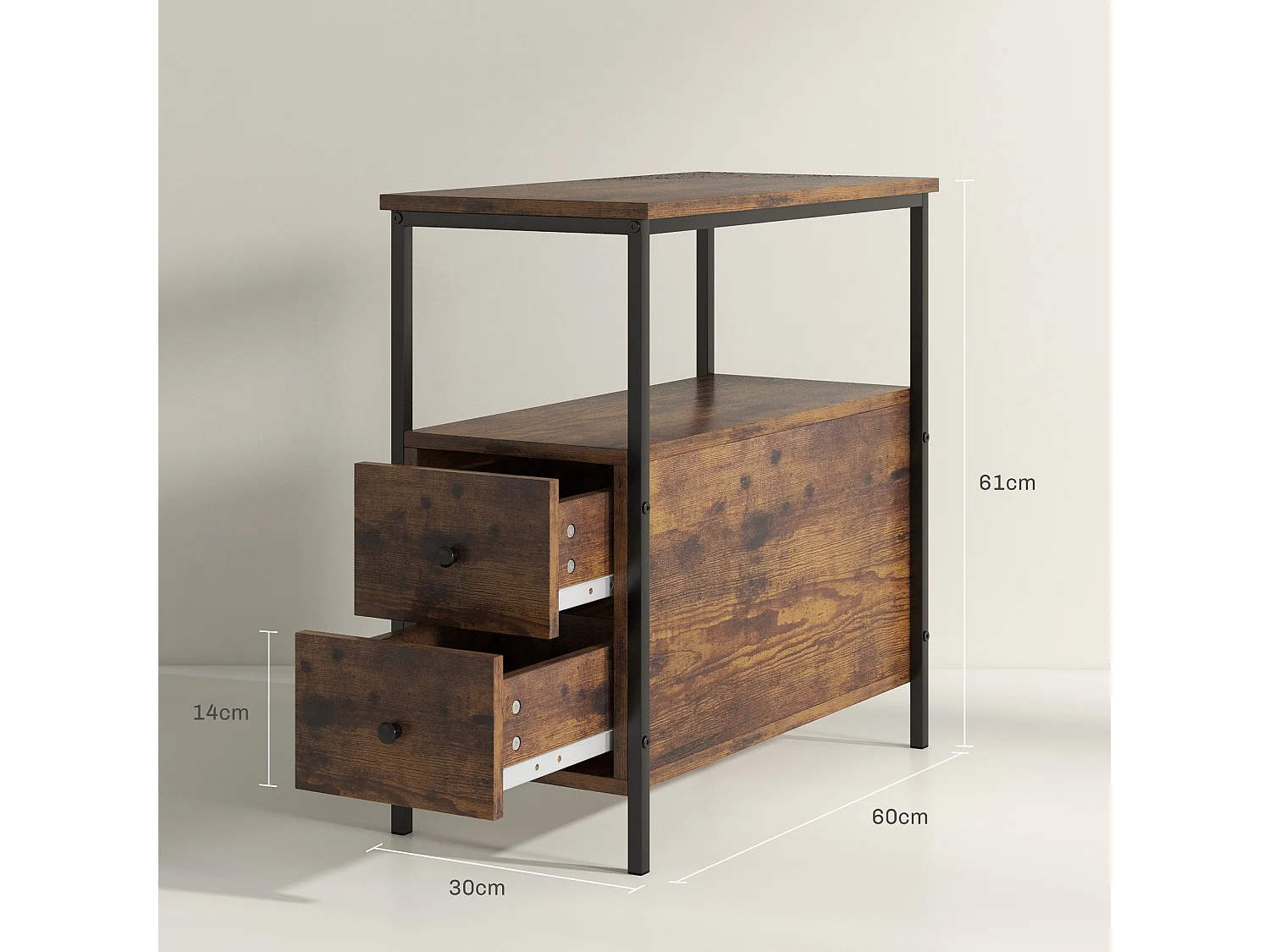 Mirayo Set of 2 Narrow Industrial Side Tables 2 Drawers and Shelf Rustic Brown