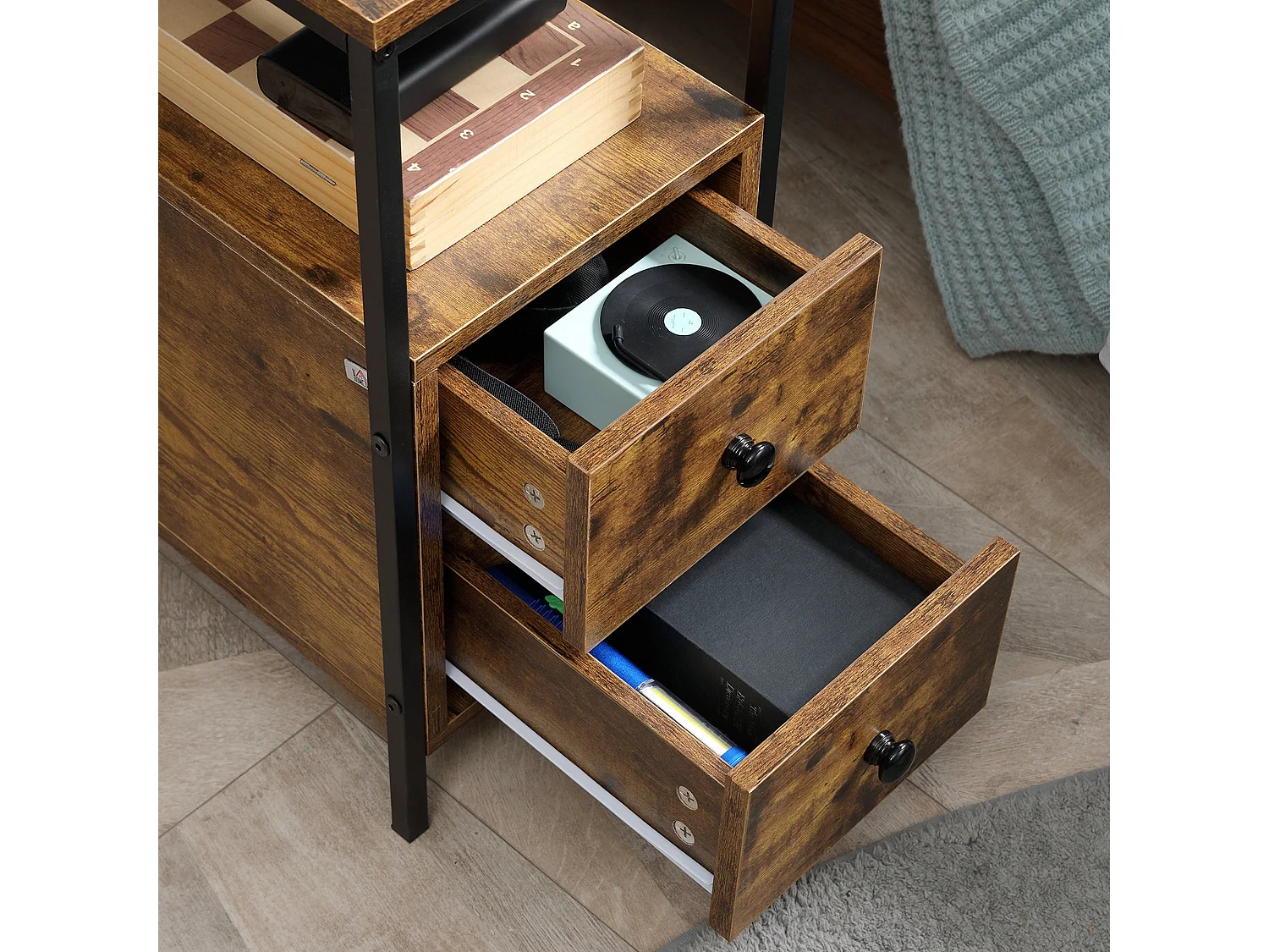 Mirayo Set of 2 Narrow Industrial Side Tables 2 Drawers and Shelf Rustic Brown