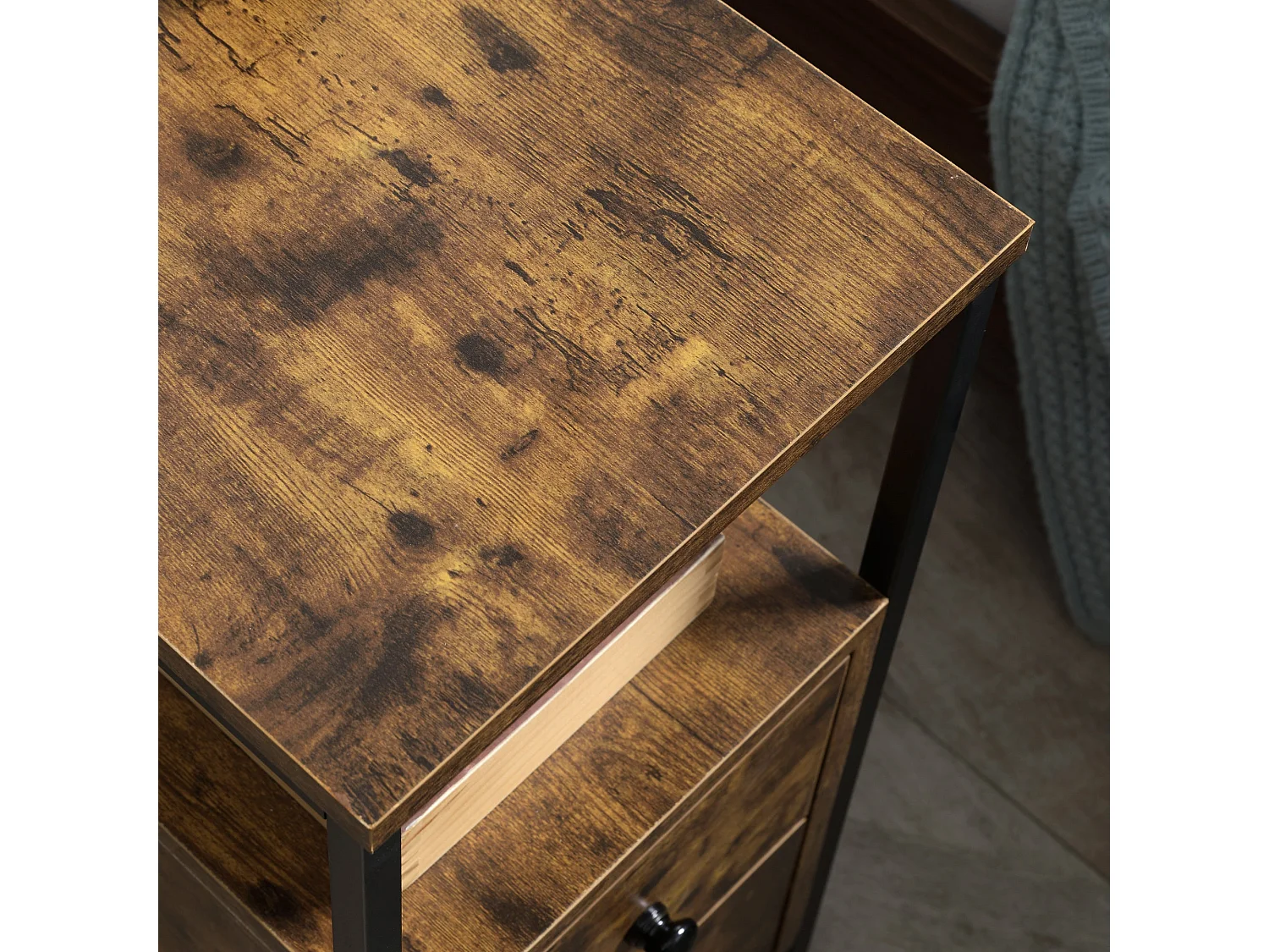 Mirayo Set of 2 Narrow Industrial Side Tables 2 Drawers and Shelf Rustic Brown