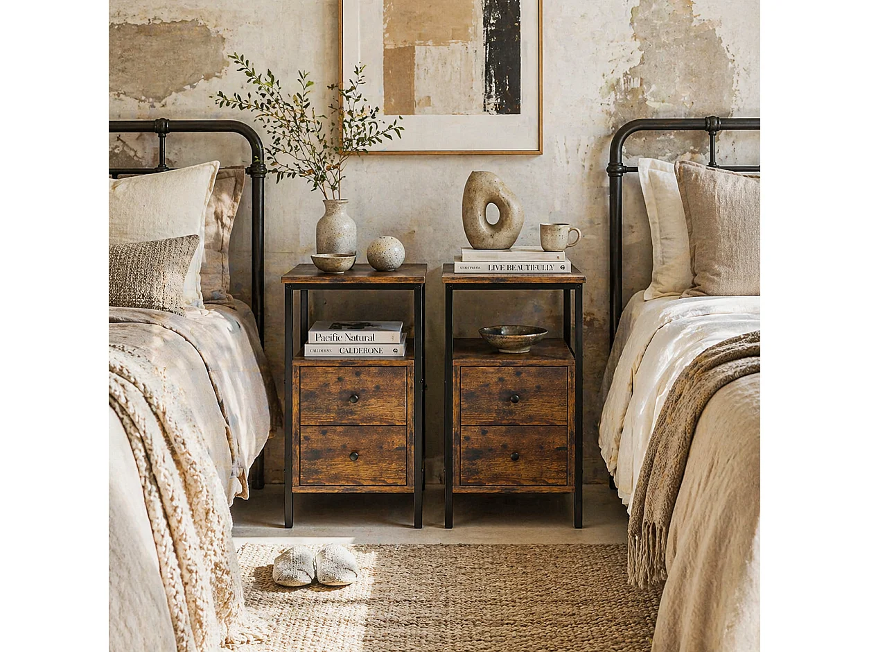 Mirayo Set of 2 Narrow Industrial Side Tables 2 Drawers and Shelf Rustic Brown