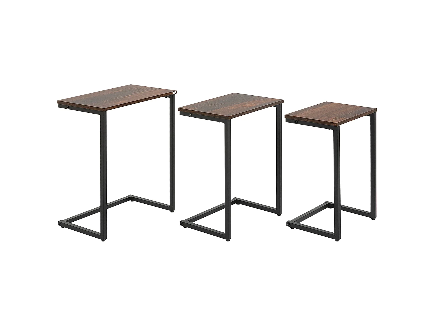 Rustic Brown Set of 3 C Shaped Nesting Side Tables with Steel Frame
