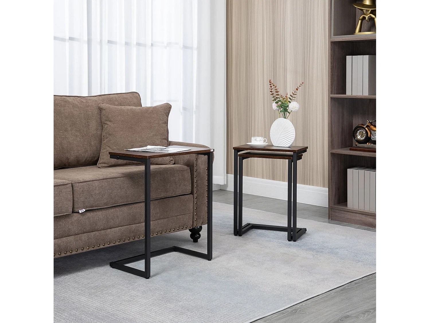 Rustic Brown Set of 3 C Shaped Nesting Side Tables with Steel Frame