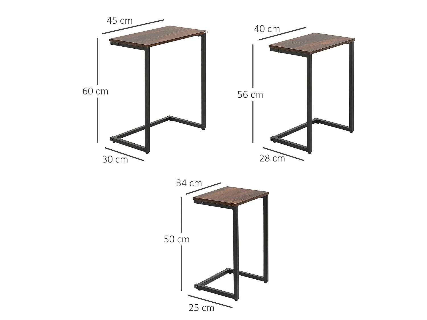 Rustic Brown Set of 3 C Shaped Nesting Side Tables with Steel Frame