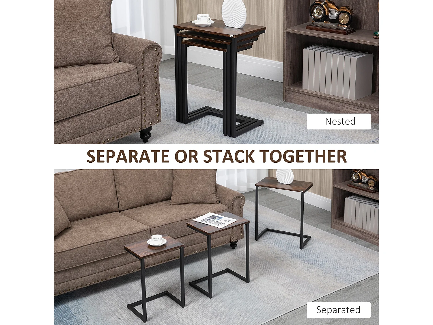 Rustic Brown Set of 3 C Shaped Nesting Side Tables with Steel Frame