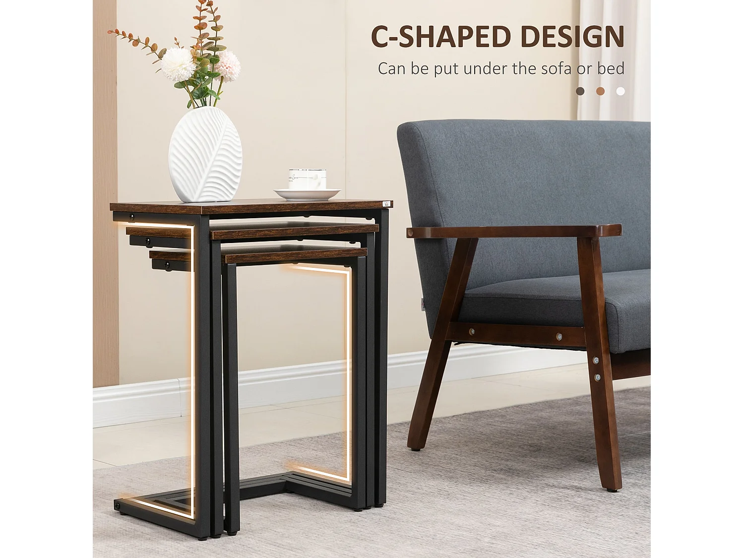 Rustic Brown Set of 3 C Shaped Nesting Side Tables with Steel Frame