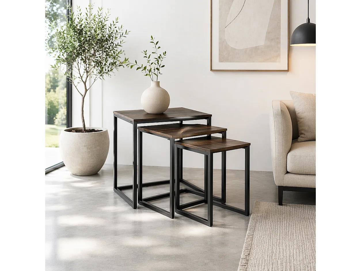 Rustic Brown Set of 3 C Shaped Nesting Side Tables with Steel Frame