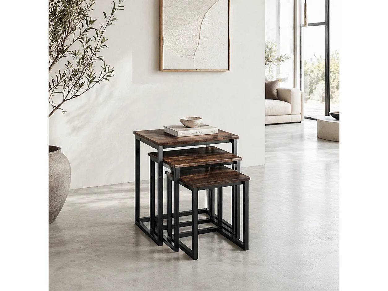 Rustic Brown Set of 3 C Shaped Nesting Side Tables with Steel Frame