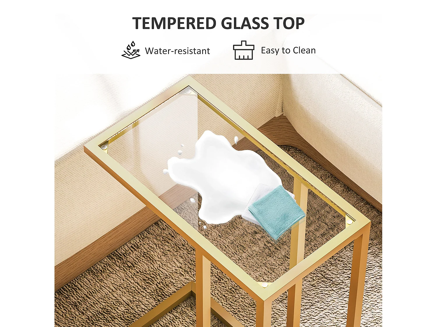 Ramise Gold C Shaped Metal and Tempered Glass Side Table