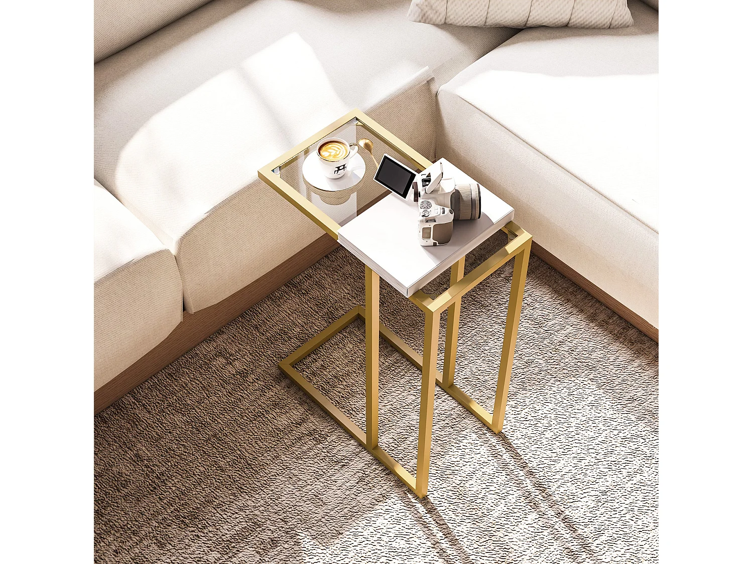 Ramise Gold C Shaped Metal and Tempered Glass Side Table
