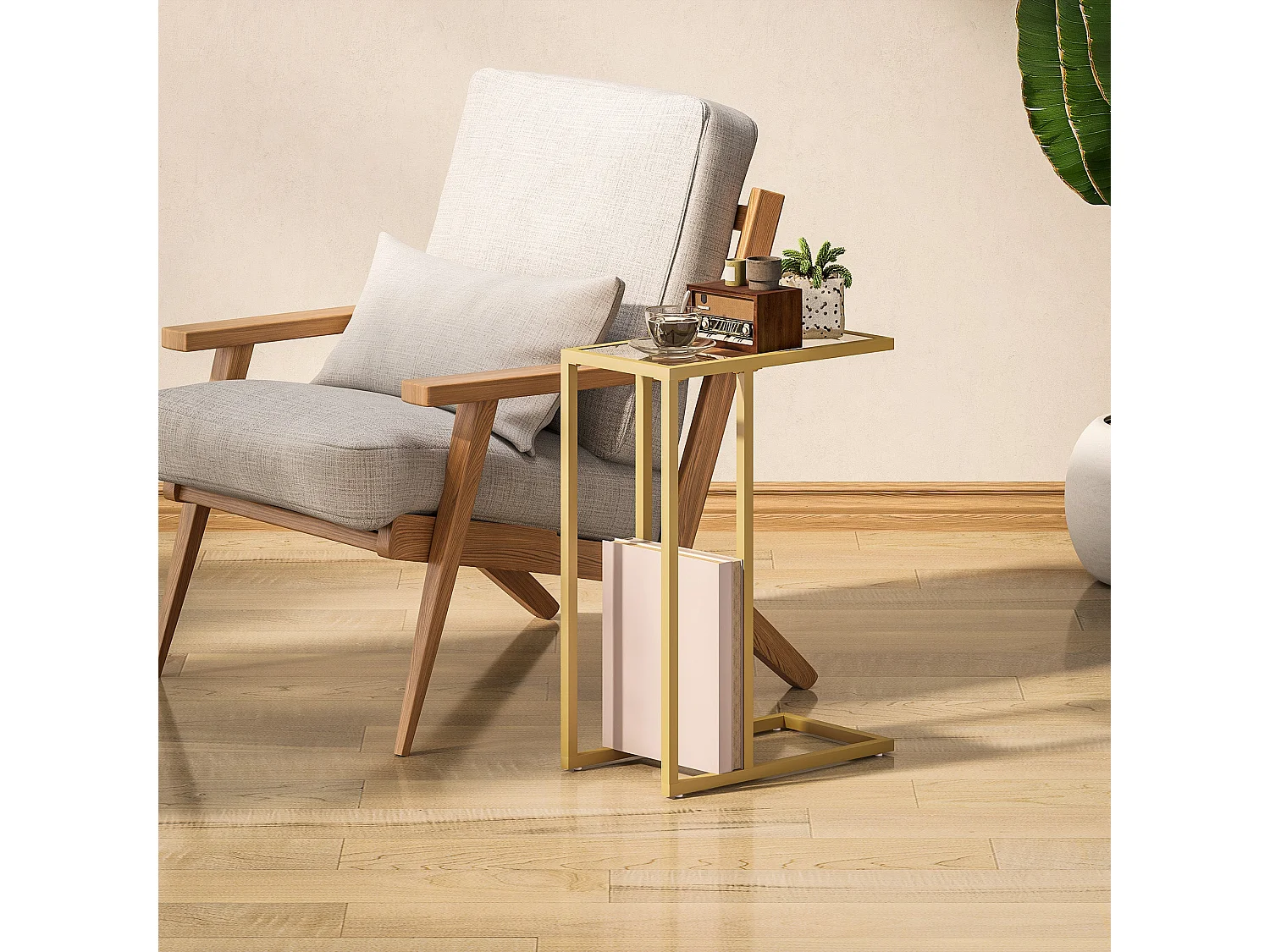 Ramise Gold C Shaped Metal and Tempered Glass Side Table
