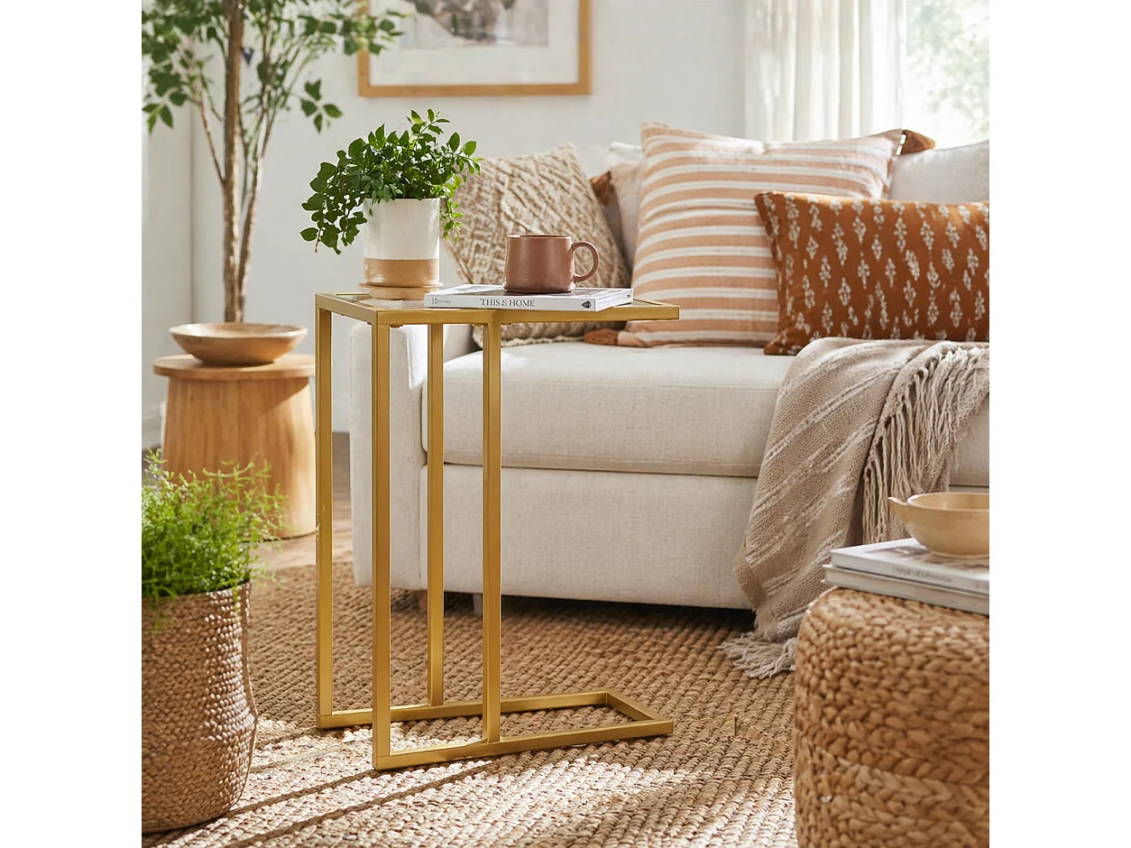 Ramise Gold C Shaped Metal and Tempered Glass Side Table