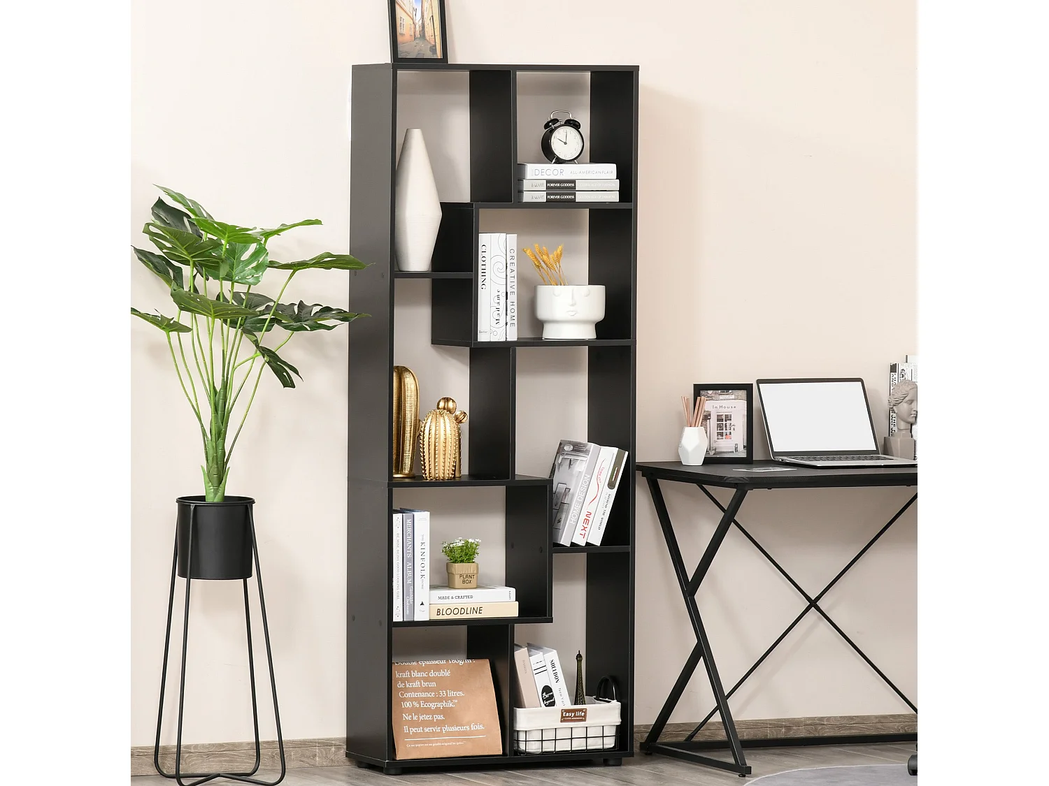 Robu Wood Black 8 Tier Freestanding Bookcase with Anti Tip Design