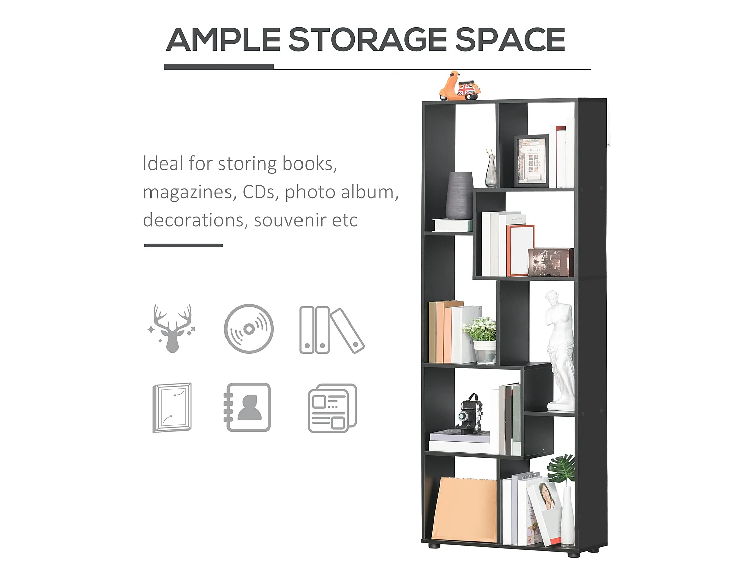 Robu Wood Black 8 Tier Freestanding Bookcase with Anti Tip Design