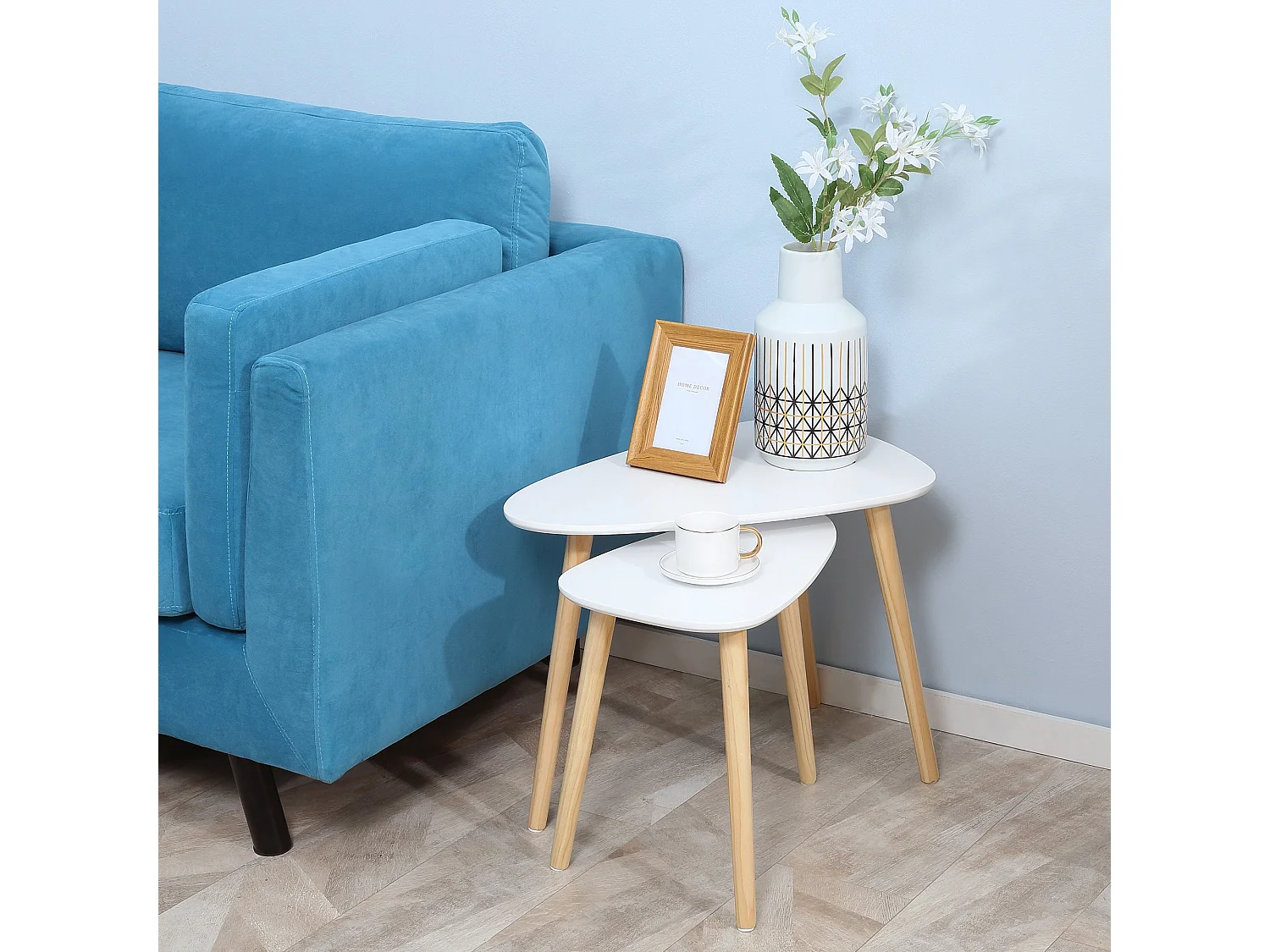 Nolura Set of 2 Nesting Side Tables White Tops with Solid Pine Legs
