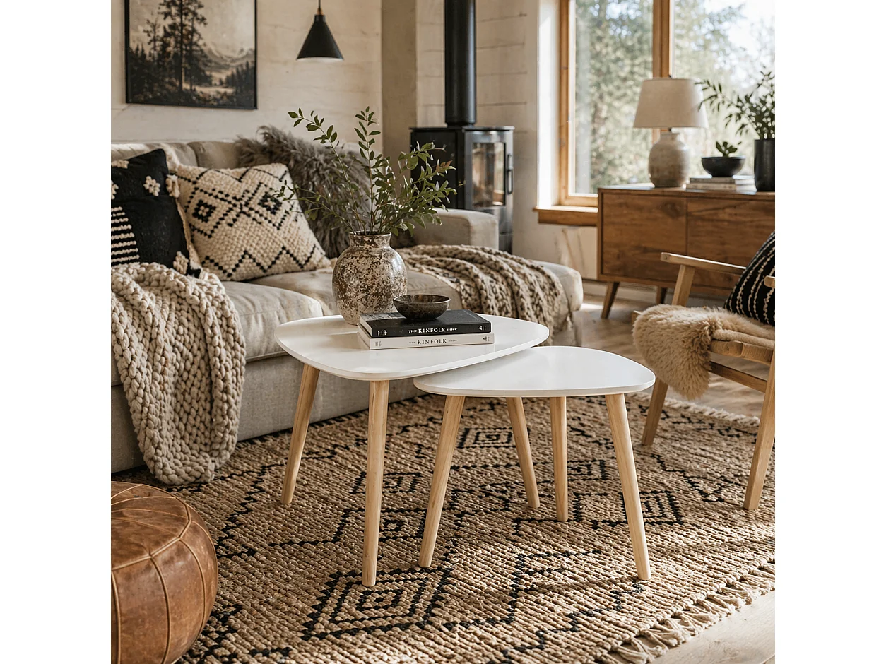 Nolura Set of 2 Nesting Side Tables White Tops with Solid Pine Legs