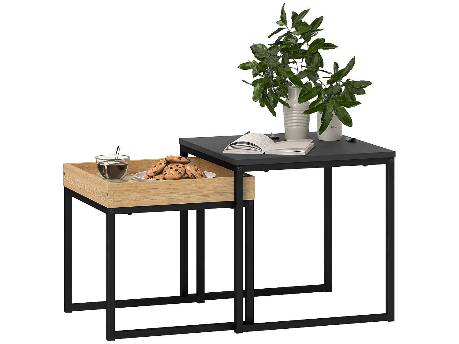 Lavi Set of 2 Boxy Nesting Tables Black and Wood Effect