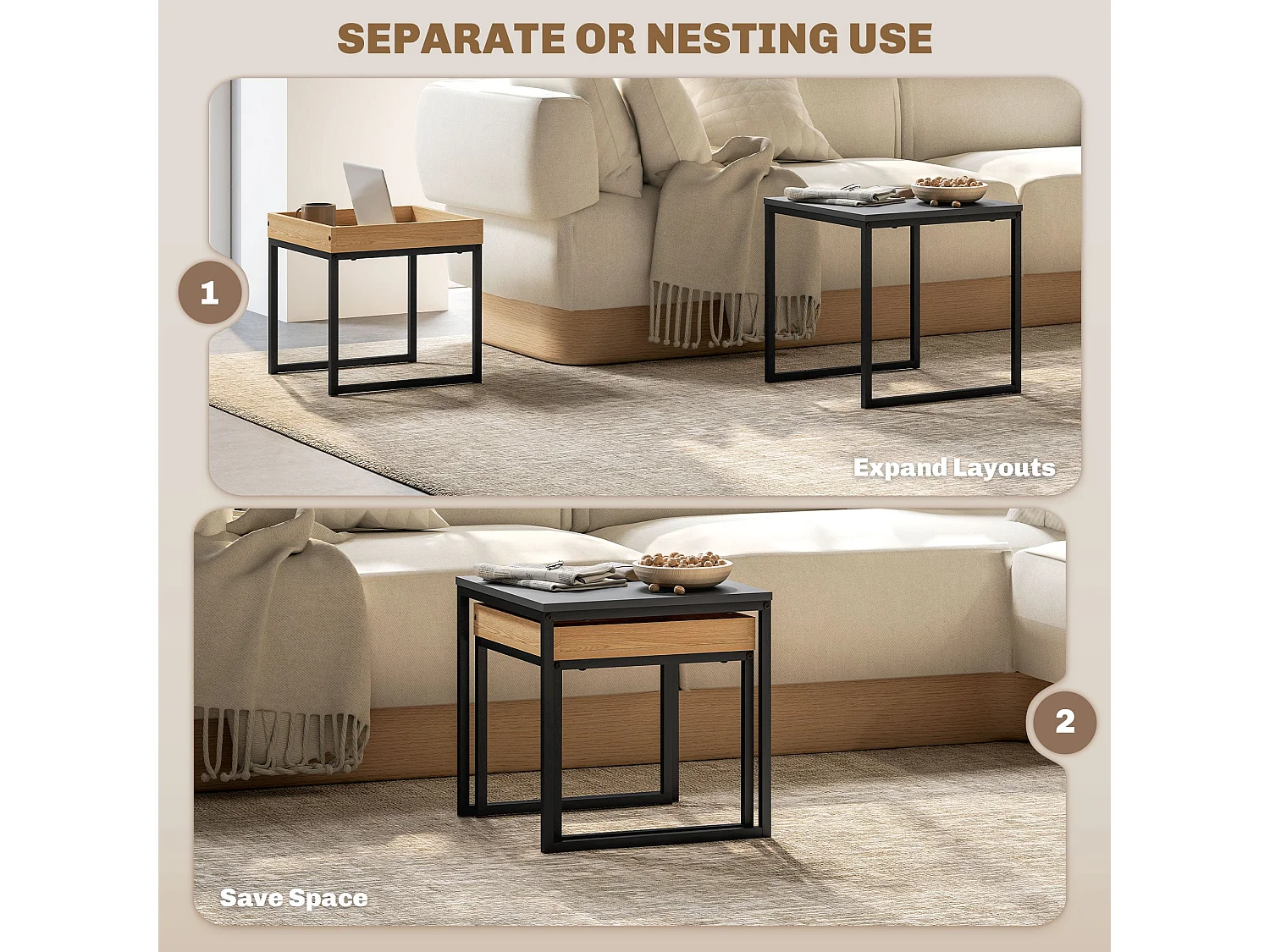 Lavi Set of 2 Boxy Nesting Tables Black and Wood Effect