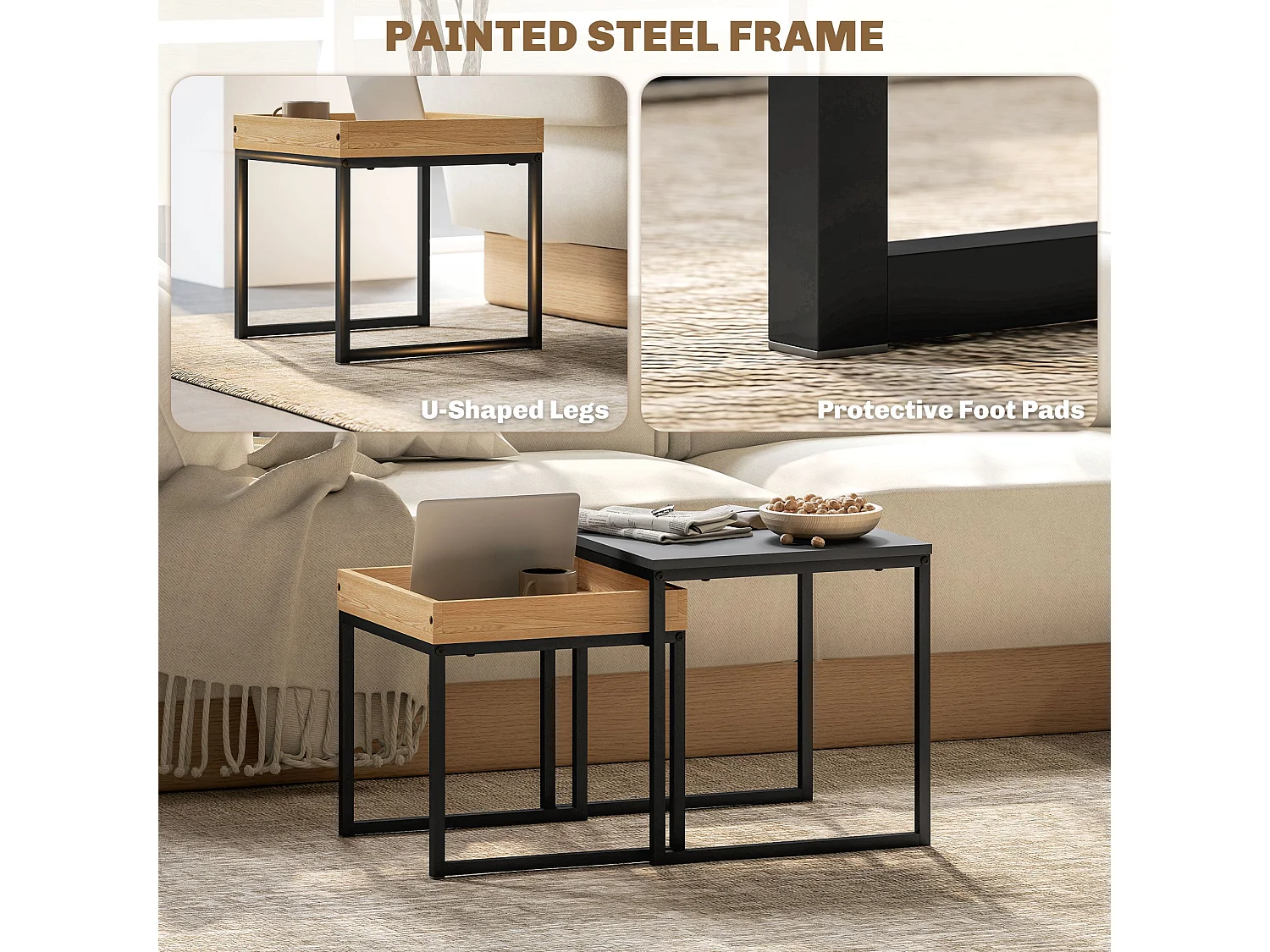 Lavi Set of 2 Boxy Nesting Tables Black and Wood Effect