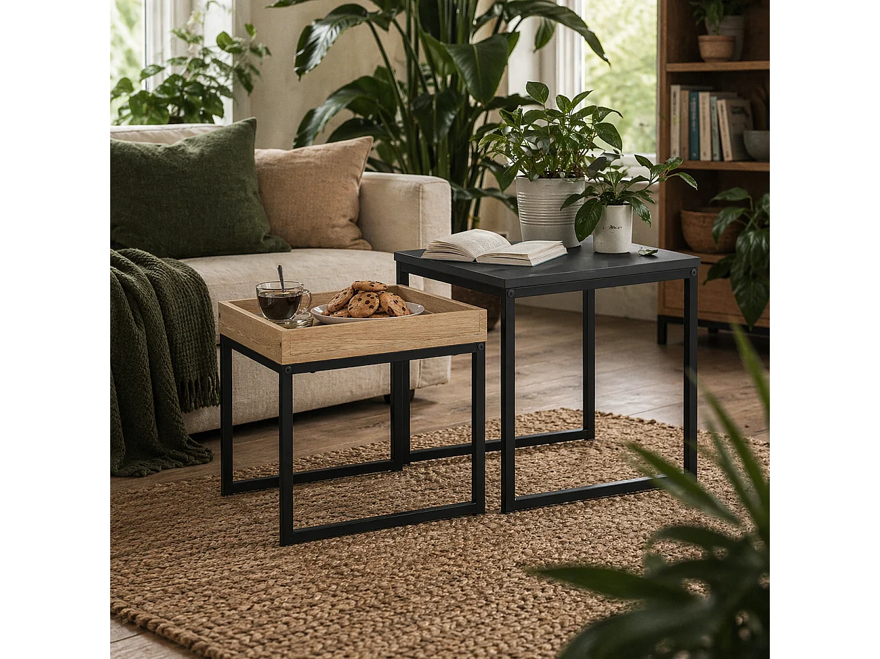 Lavi Set of 2 Boxy Nesting Tables Black and Wood Effect