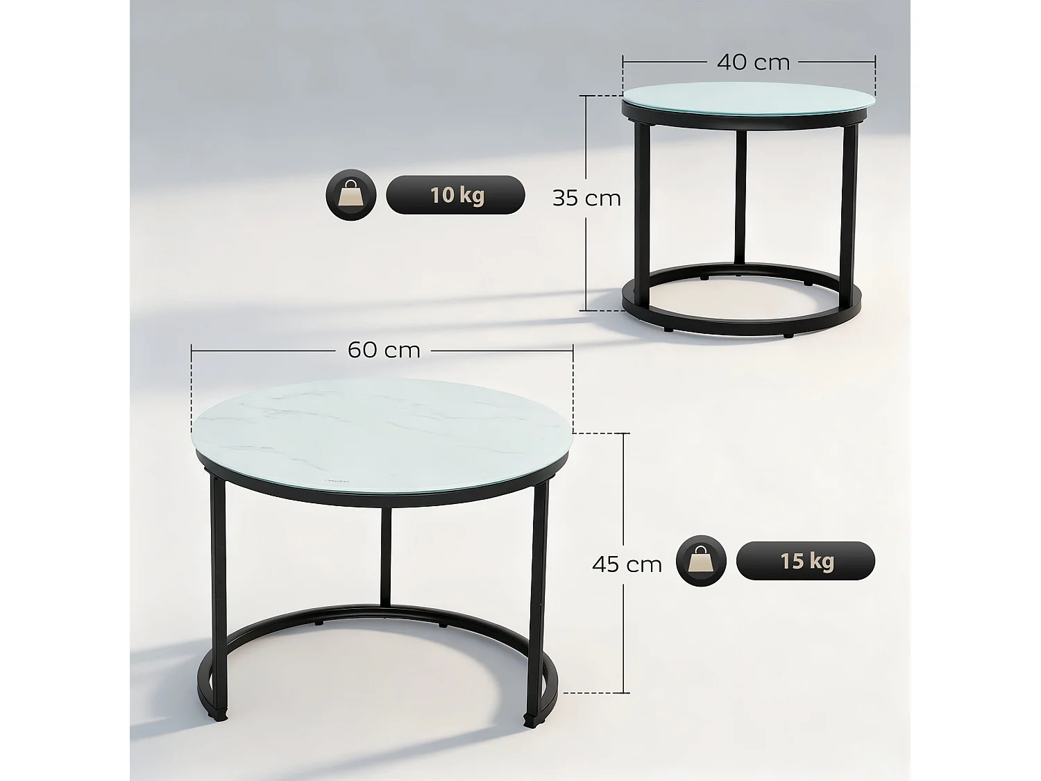 Sosuri Set of 2 Round Nesting Tables Marble Effect Glass Tops Powder Coated Steel Frame