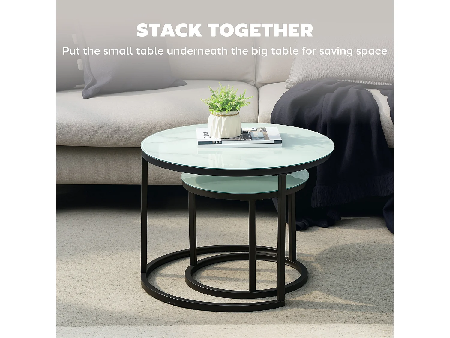 Sosuri Set of 2 Round Nesting Tables Marble Effect Glass Tops Powder Coated Steel Frame