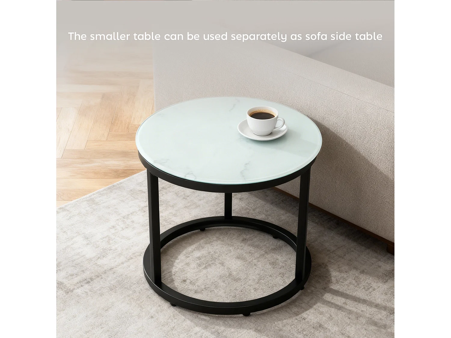 Sosuri Set of 2 Round Nesting Tables Marble Effect Glass Tops Powder Coated Steel Frame