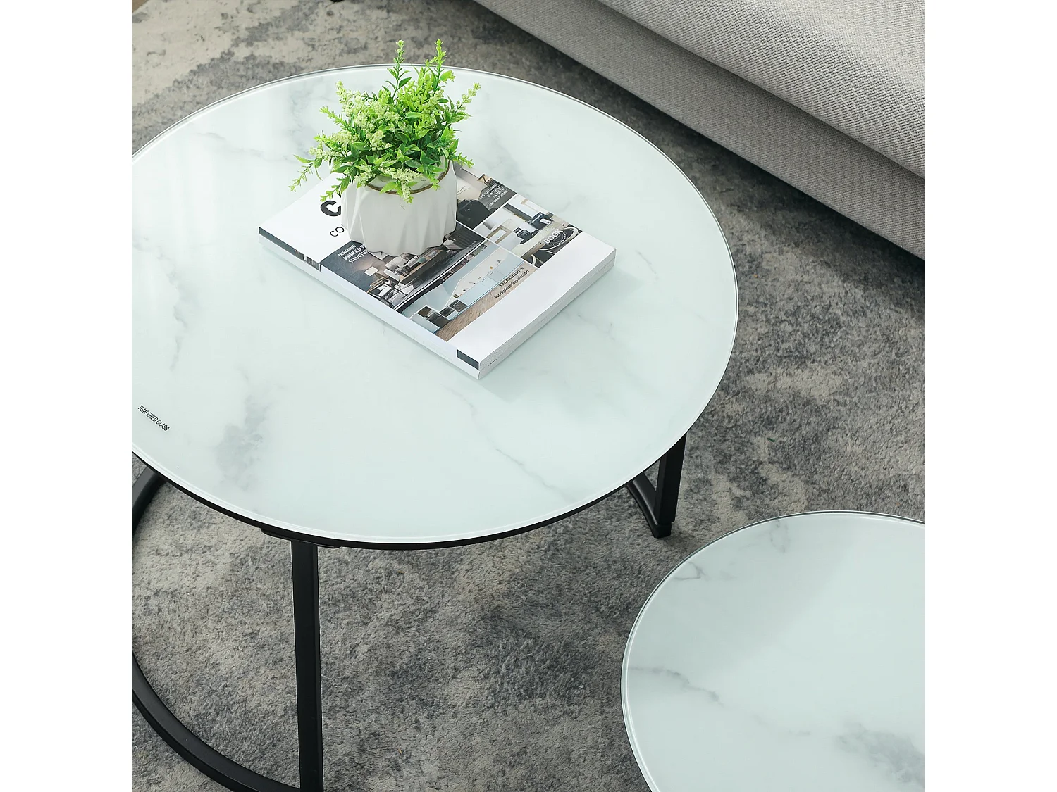 Sosuri Set of 2 Round Nesting Tables Marble Effect Glass Tops Powder Coated Steel Frame
