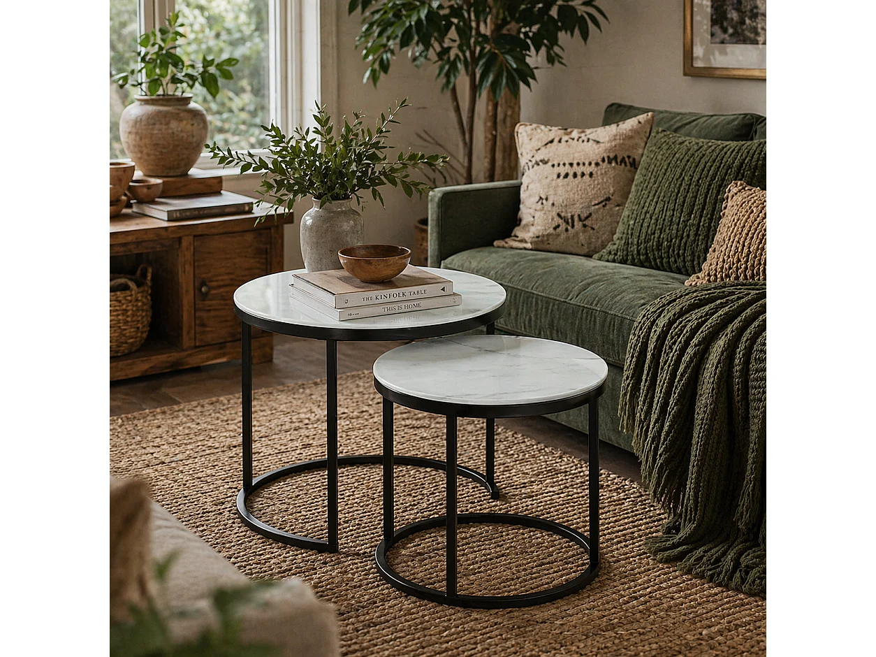Sosuri Set of 2 Round Nesting Tables Marble Effect Glass Tops Powder Coated Steel Frame