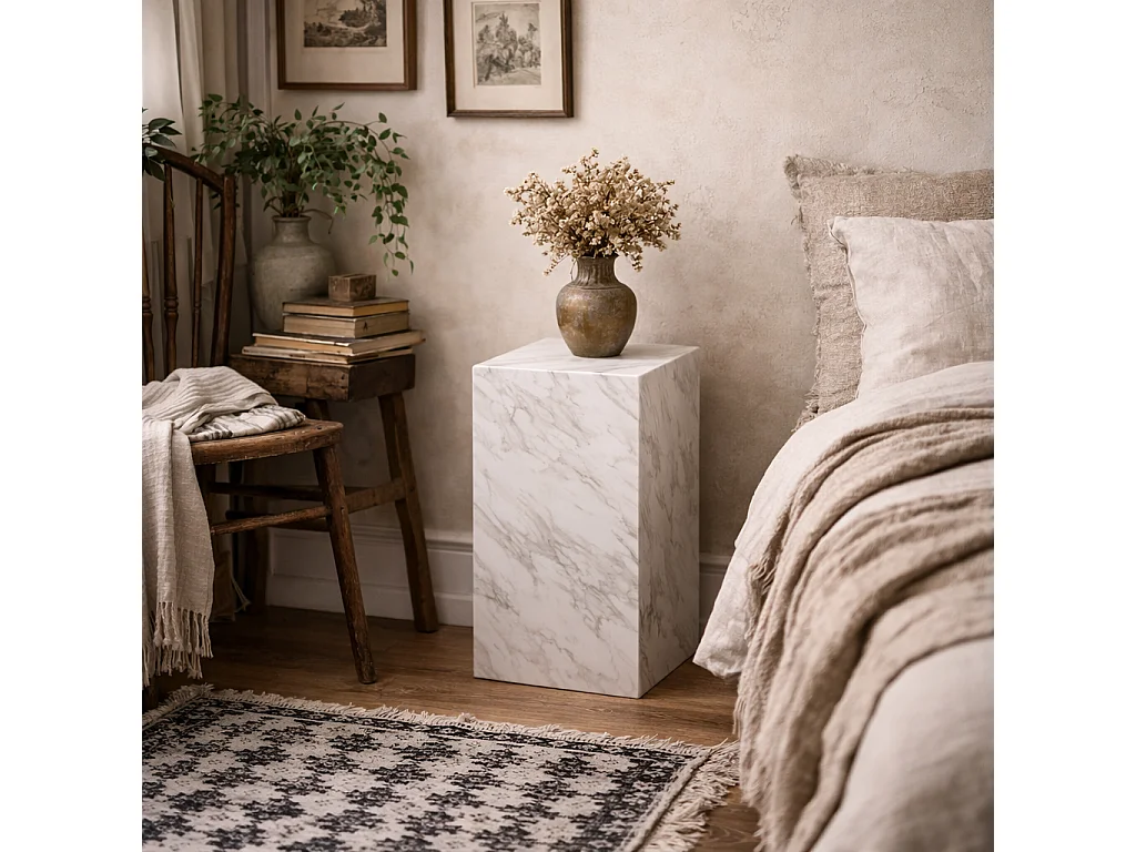 Dingle Small White Marble Effect Pedestal Side Table