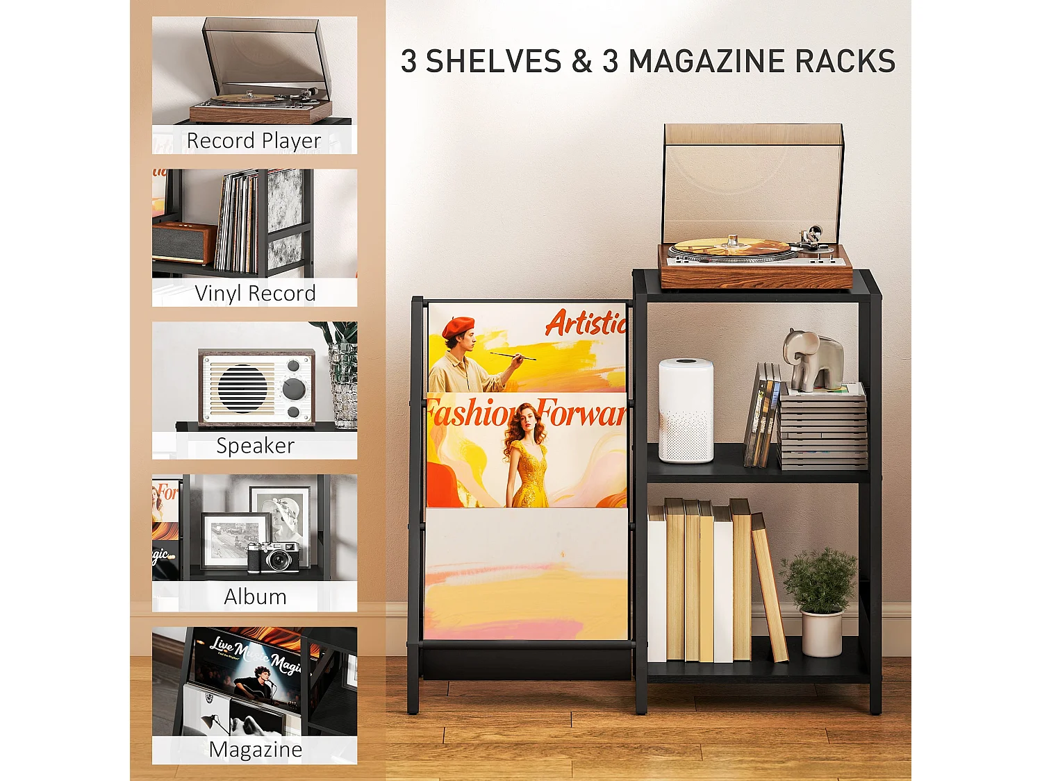 Tapalo Black Wood Effect 3 Tier Record Player Stand Side Table