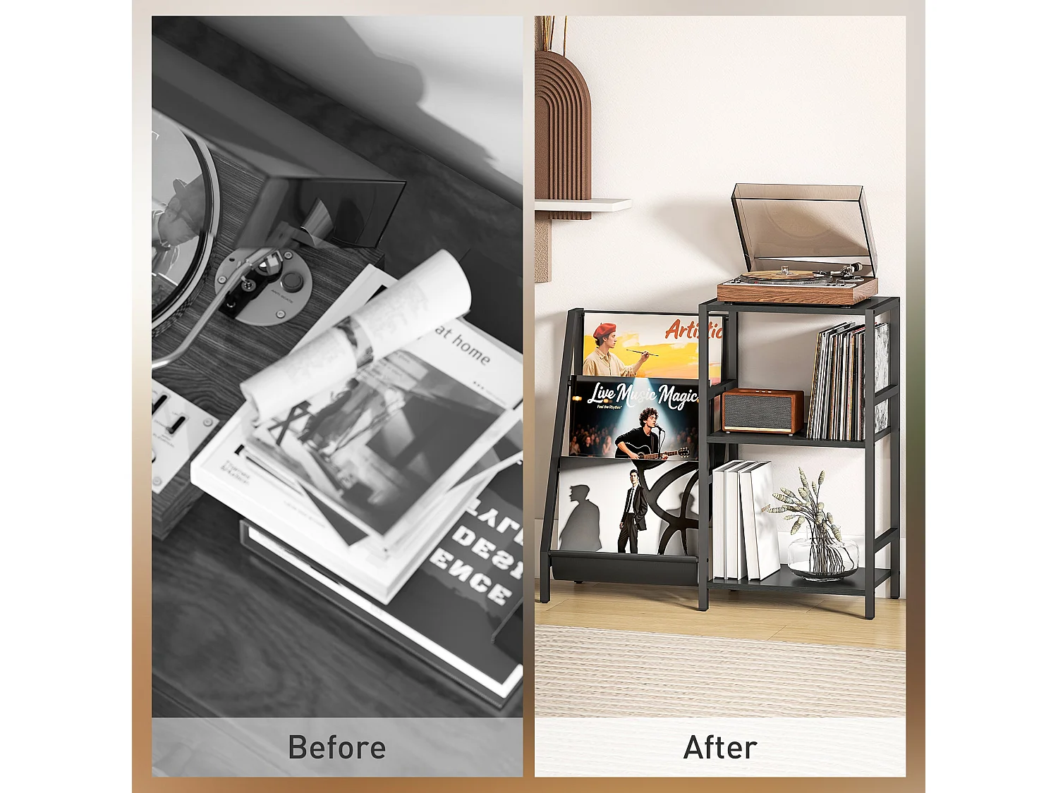 Tapalo Black Wood Effect 3 Tier Record Player Stand Side Table