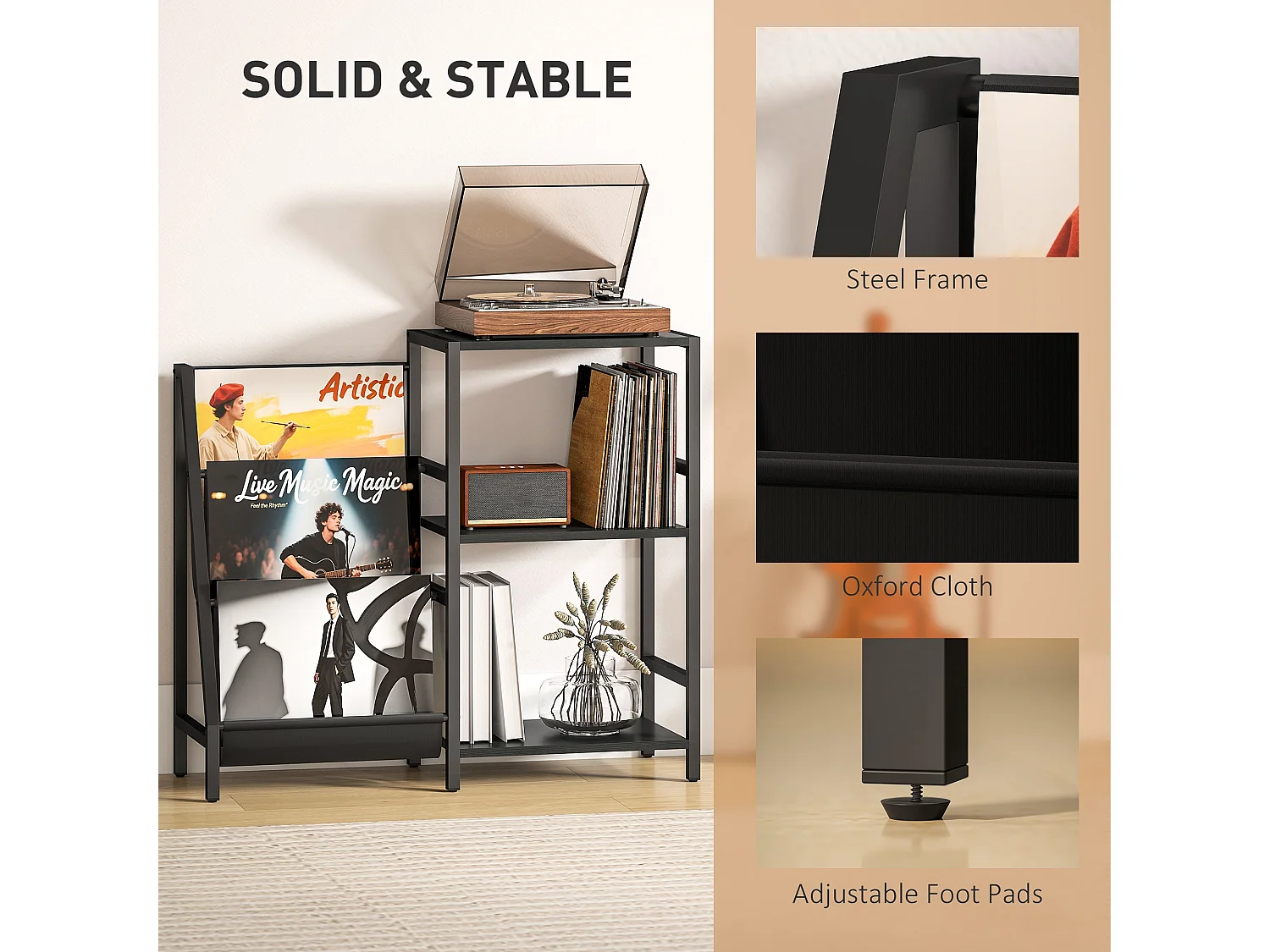 Tapalo Black Wood Effect 3 Tier Record Player Stand Side Table