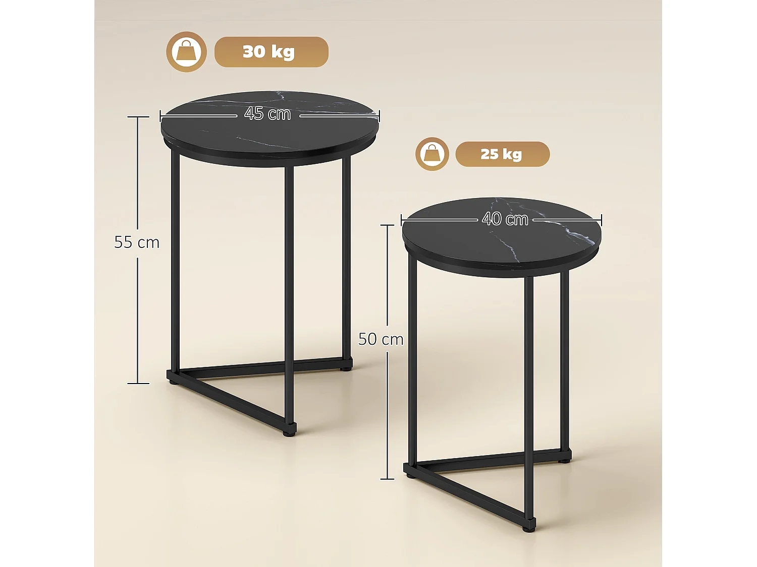 Tolira Set of 2 Black Marble Effect Nesting Tables MDF Tops Powder Coated Steel Frames
