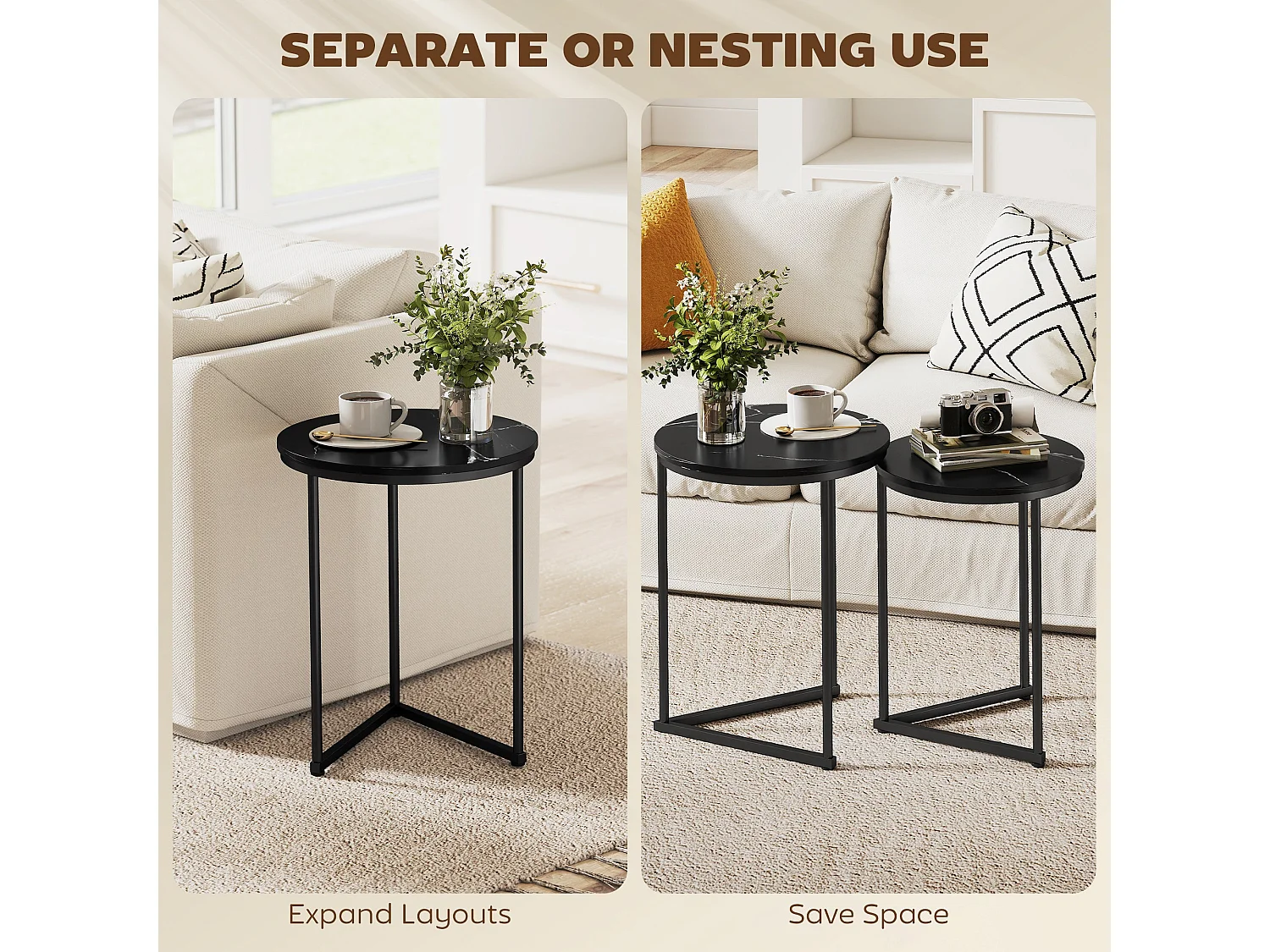 Tolira Set of 2 Black Marble Effect Nesting Tables MDF Tops Powder Coated Steel Frames