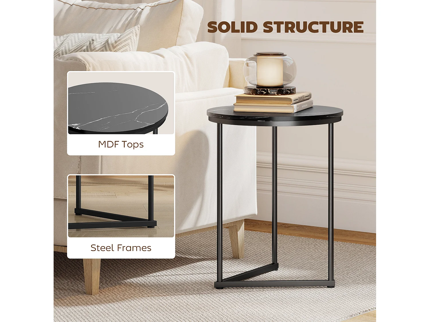 Tolira Set of 2 Black Marble Effect Nesting Tables MDF Tops Powder Coated Steel Frames