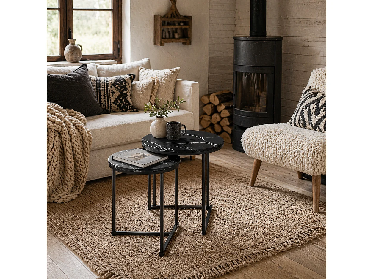 Tolira Set of 2 Black Marble Effect Nesting Tables MDF Tops Powder Coated Steel Frames