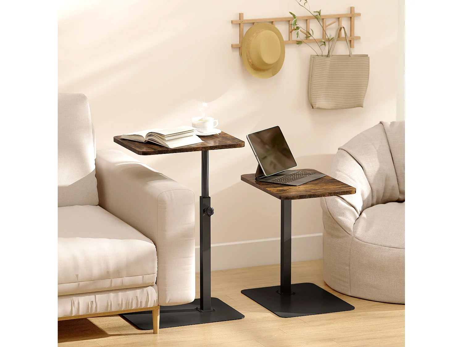Falava C Shaped Side Table Rustic Brown Melamine Top Height Adjustable 44.5–79cm