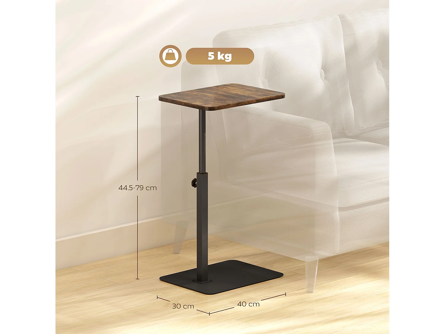 Falava C Shaped Side Table Rustic Brown Melamine Top Height Adjustable 44.5–79cm