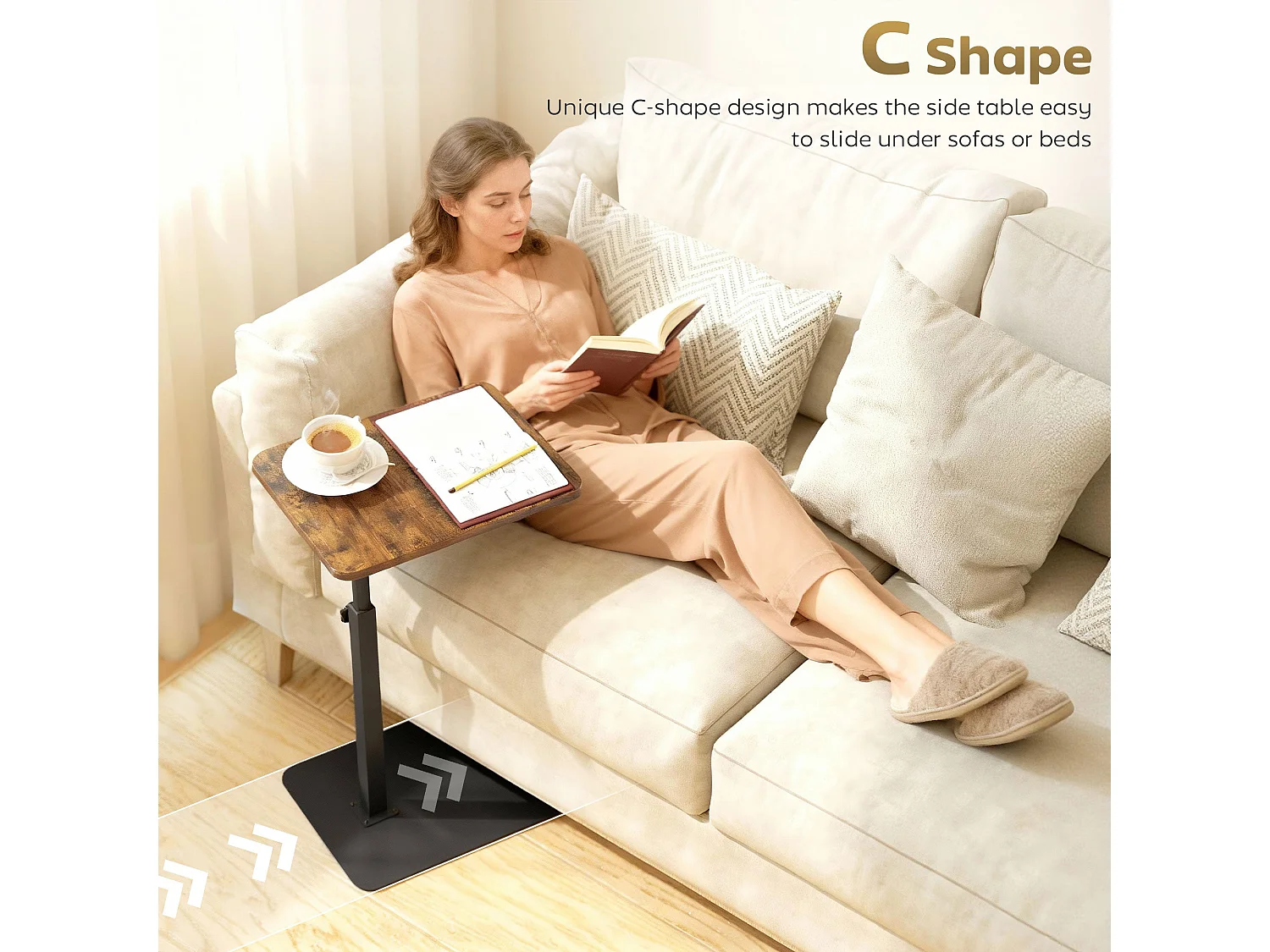 Falava C Shaped Side Table Rustic Brown Melamine Top Height Adjustable 44.5–79cm