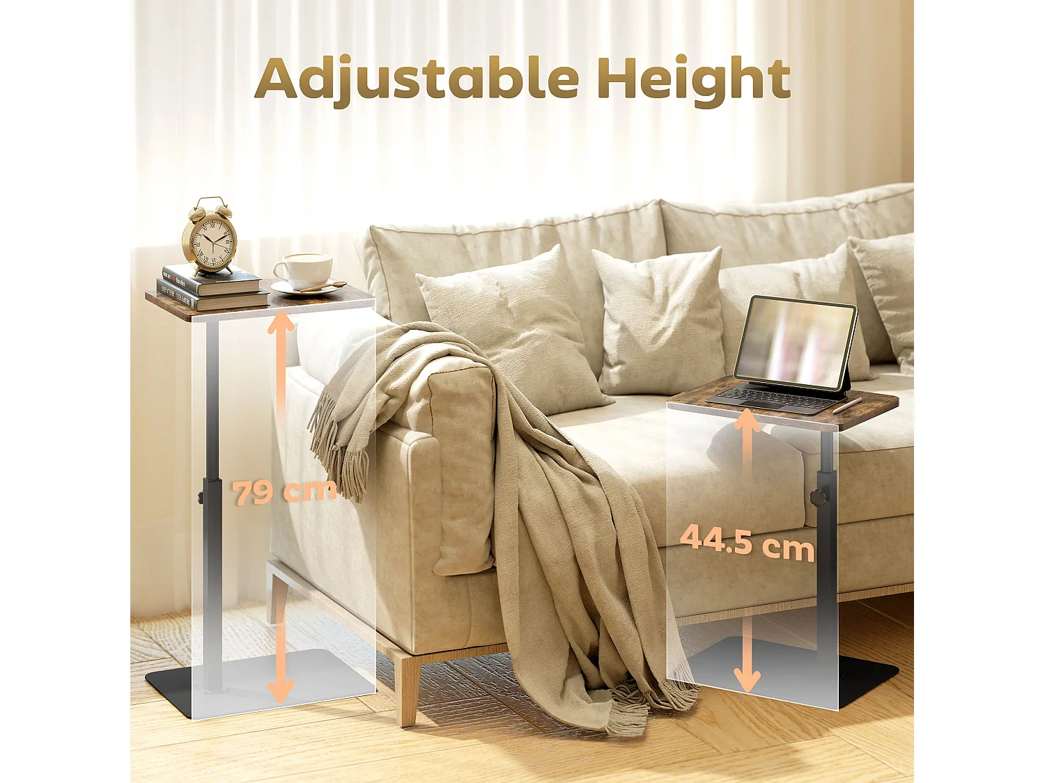 Falava C Shaped Side Table Rustic Brown Melamine Top Height Adjustable 44.5–79cm