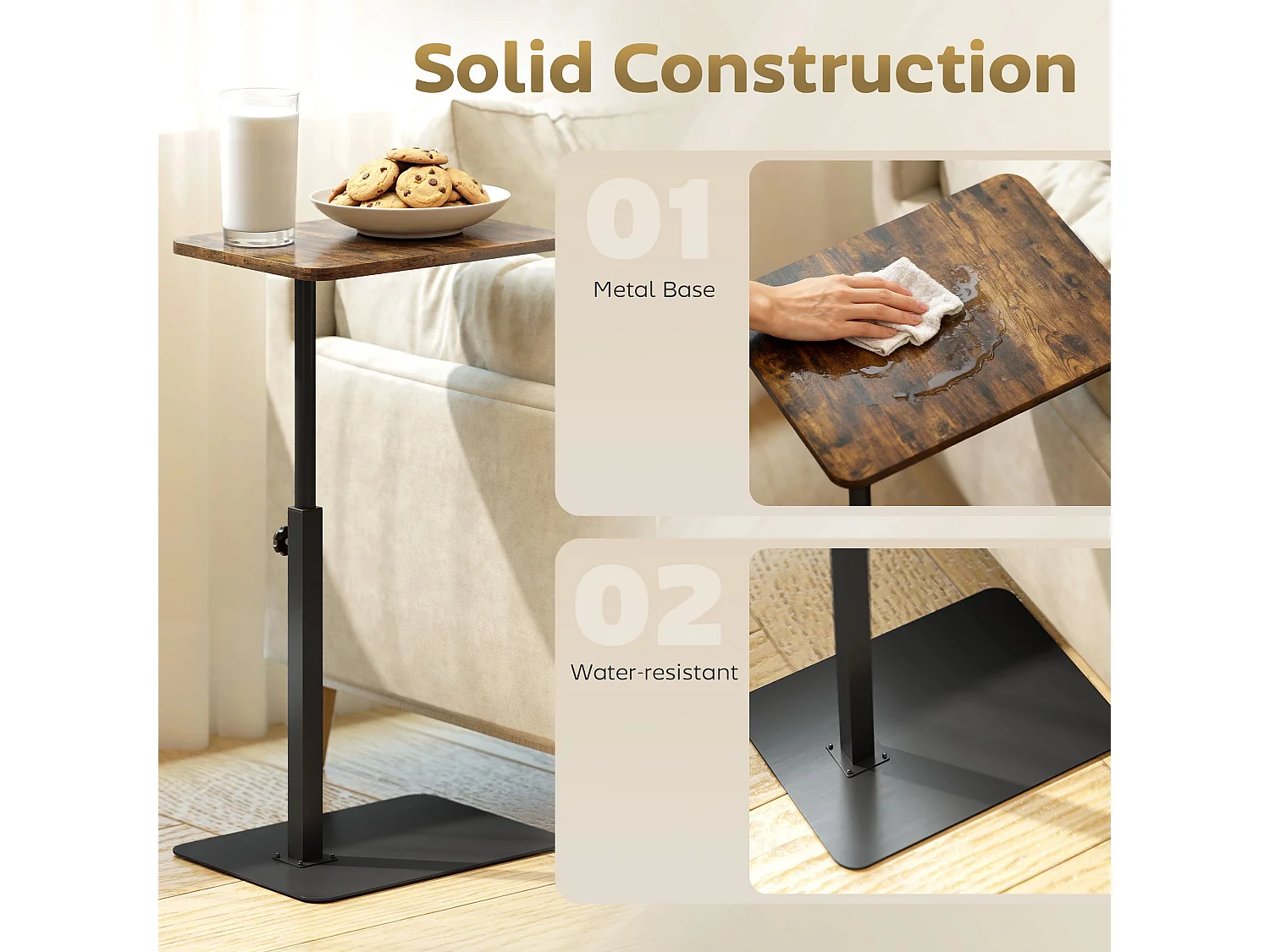 Falava C Shaped Side Table Rustic Brown Melamine Top Height Adjustable 44.5–79cm