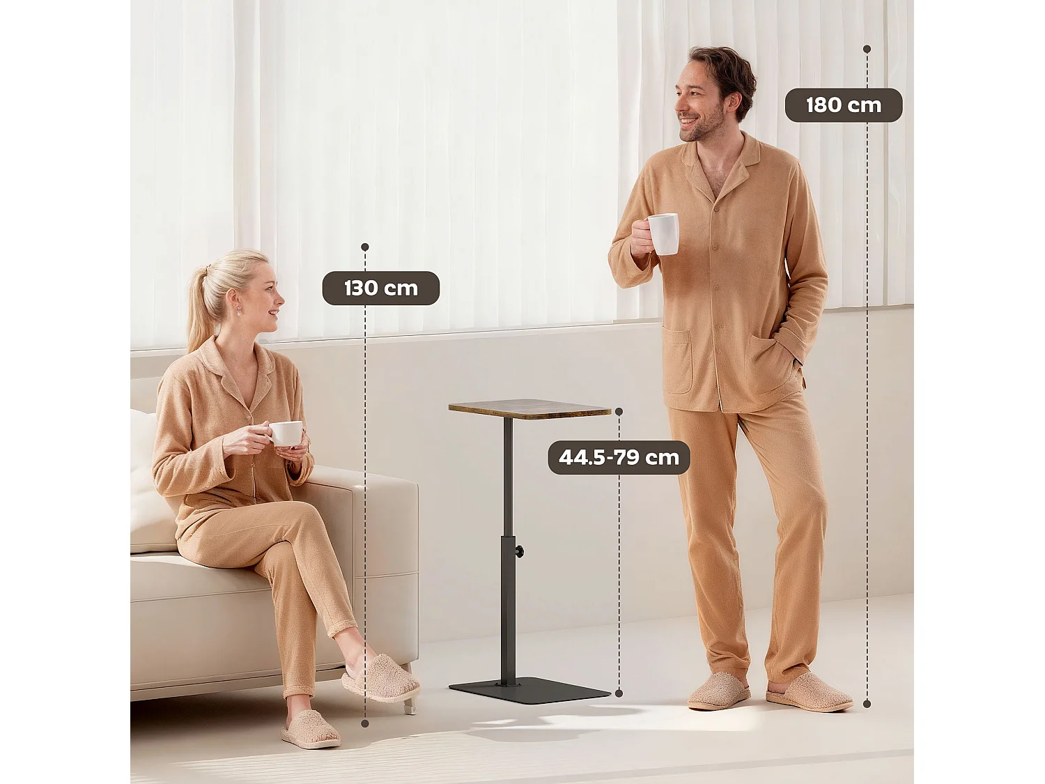Falava C Shaped Side Table Rustic Brown Melamine Top Height Adjustable 44.5–79cm